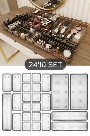 24'lü Multi Set - Çekmece İçi Düzenleyici - Banyo Makyaj ve Takı Organizer Siyah - Meleni Home