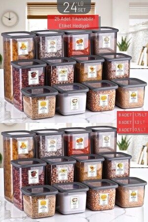 24'lü Set Etiketli, Kırılmaz Kare Erzak Saklama Kabı Antrasit X8 1,75 Lt-1,2 Lt-0,5 Lt NDY-24SET-KMP-01 - Nandy Home