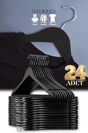 24'Lü Set Siyah Ahşap Görünümlü Plastik Elbise - Kıyafet - T-Shirt Askısı - 1