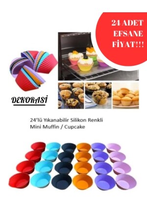 24’lü Yıkanabilir Mini Tırtıklı Muffin Pişirme Kalıbı- Cupcake- Hamur Işi Renkli Kap - 1