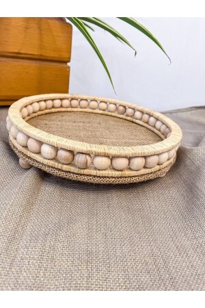 25 cm großes Tablett aus natürlichem Bast mit Perlen aus Korbgeflecht, dekoratives Tablett, Dekortablett für Badezimmer, Zuhause, Tisch 56774 - MAJESTE TASARIM