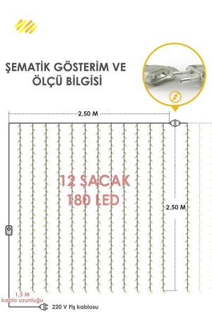 2,5 X 2,5 M Kumandalı Perde Led 8 Modlu Kalın Kablolu 12 Saçak 180 Led Fişli Eklenebilir TJLI0054 - 8