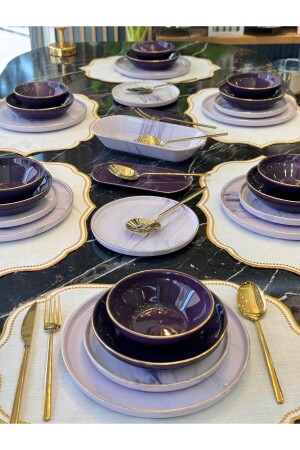 27 Parça Modern Mermer Mürdüm Yemek Takımı - Onedekor