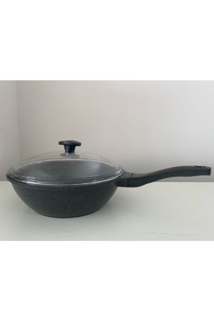 28 cm Wok-Pfanne mit Glasdeckel aus Gussgranit / Grau 005 - 3