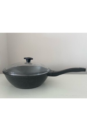 28 cm Wok-Pfanne mit Glasdeckel aus Gussgranit / Grau 005 - 2