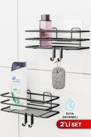 2er-Set Badezimmer-Organizer, Shampoo-Schale, mattschwarz, selbstklebend, 4 Kleiderbügel, Duschregal, Edelstahl-Organizer - 2