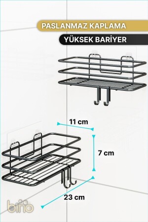 2er-Set Badezimmer-Organizer, Shampoo-Schale, mattschwarz, selbstklebend, 4 Kleiderbügel, Duschregal, Edelstahl-Organizer - 8