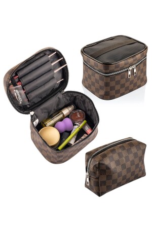 2er-Set brauner Reise-Make-up-Organizer, multifunktionale Kosmetiktasche - 1