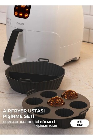 2er-Set Silikon-Airfryer-Backform mit zwei Fächern und Cupcake-Pfanne-Zubehör HYD-8095854-001366 - 1