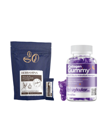 2!i Set Herbamina Koffie Coffee INULIN & BROMELAIN COFFEE&icollagen İyi Uykular Kolajen Jelibonu - Kedi Otu & 5 Tip Kolajen - Herbamina