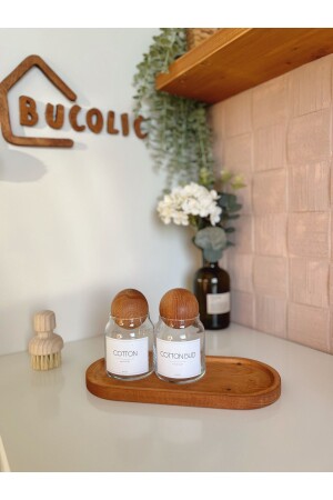 2’li Ahşap Kapaklı Cam Pamukluk Seti - Cotton- Cotton Bud -ahşap Büyük Boy Stand APS1012 - BUCOLIC