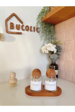 2’li Ahşap Kapaklı Cam Pamukluk Seti - Cotton- Cotton Bud - Ahşap Orta Boy Stand APK1012 - BUCOLIC