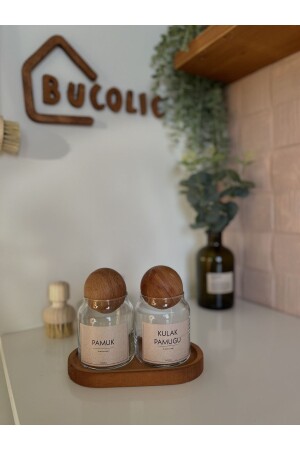 مجموعة من 2 أكواب زجاجية من القطن مع غطاء خشبي / قطن ذو أذني القطن / خشبي مقعد صغير الحجم RT5HSVN - BUCOLIC