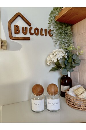 2’li Ahşap Kapaklı Cam Pamukluk Seti - Cotton- Cotton Bud APS1010 - BUCOLIC