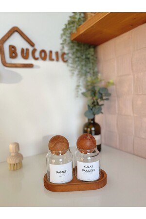 2’li Ahşap Kapaklı Cam Pamukluk Seti Pamuk Kulak Pamuğu Ahşap Küçük Boy Stand RT5HS - BUCOLIC