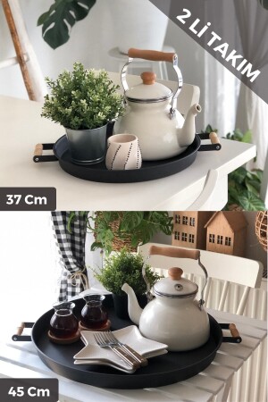 2'li Ahşap Kulplu 45 Cm Metal Tepsi Ve 37 Cm Siyah Tepsi Çay Kahve Sunum Tepsisi TYC00702411758 - 7