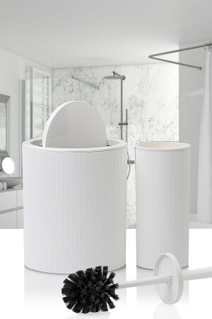 2'li Banyo Seti -Stil Yuvarlak Dokunmatik Pratik Kapaklı Çizgili Banyo Çöp Kovası - Fırça Seti Beyaz - 1