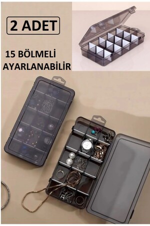 2'li Füme Ayarlanabilir Bölmeli Düzenleyici Takı Kolye Boncuk Ilaç Küpe Yüzük Kutusu Organizer - 2