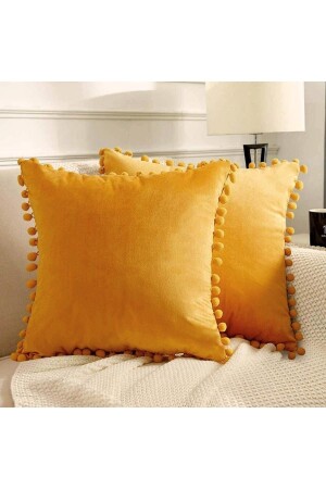 2'li Hardal Minik Ponponlu Yumuşak Dokulu Kırlent Kılıfı Seti Sade - Düz- 2 Adet - Iskandinav- Bohem - Bc Home