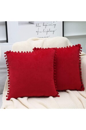 2'li Kırmızı Minik Ponponlu Yumuşak Dokulu Kırlent Kılıfı Seti -düz-2 Adet -ıskandinav-bohem - Bc Home