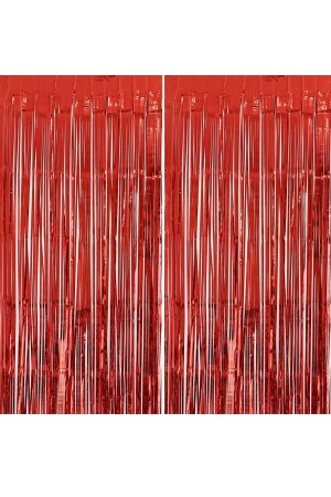 2li Kırmızı Simli Uzun Kapı Duvar Parti Fon Arka Perde Metalik Parlak Doğum Günü Perdesi Süsü - Parti Dolabı