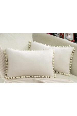 2'li Krem Minik Ponponlu Kırlent Kılıfı Kadife Görünümlü 2 Adet 30 X 50cm - Bc Home
