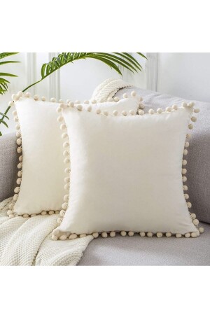 2'li Krem Minik Ponponlu Yumuşak Dokulu Kırlent Kılıfı Seti Sade - Düz- 2 Adet - Iskandinav- Bohem - Bc Home