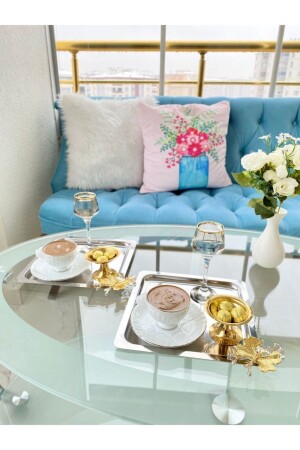 2'li Lüx Kelebek Aksesuarlı Paslanmaz Çelik Kare Gümüş Kahve, Çay, Dekoratif Sunum Servis Tepsisi MZKBK222 - Mira züccaciye