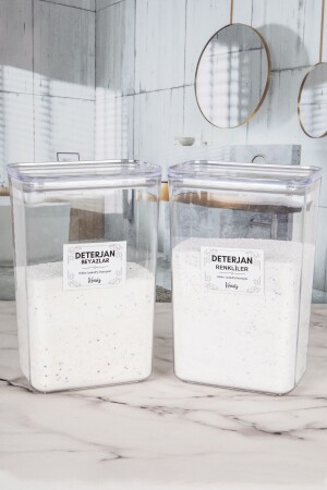 2-teiliges, maßstabsgetreues, etikettiertes Waschmittelbehälter-/Box-Set für farbige Weißtöne - Karçiçeği Home