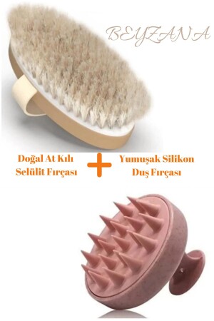 2li Set - %100 Doğal Kıl Selülit Fırçası + Yumuşak Silikon Saç Derisi Masaj Şampuan Duş Fırçası - 1