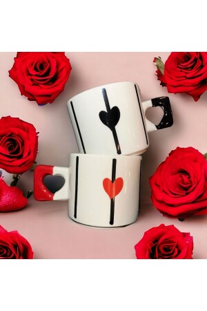 2'li Siyah & Kırmızı Zarif Kalp Baskılı Kupa - Mug Set - Ikiseramik