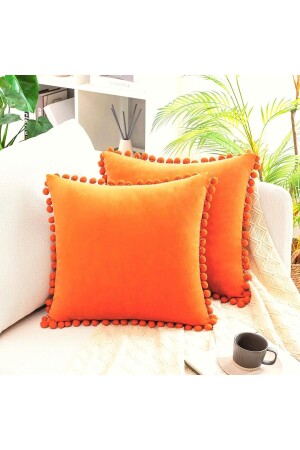 2'li Turuncu Minik Ponponlu Yumuşak Dokulu Kırlent Kılıfı Seti Sade -düz- 2 Adet -ıskandinav-bohem - Bc Home