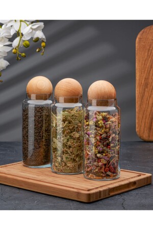 مجموعة من 3 صناديق زجاجية مع كرات خشبية، وعاء السكر، وعاء العشاء، وعاء العقاقير وعلبة تخزين 1. - Demirhan Home