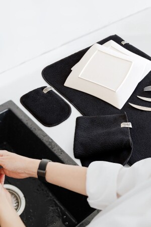 ميكروول أسود 3 قطع مجموعة ميكروفايبر صحن جفاف المطبخ 3 قطع مجموعة جفاف الملابس غطاء - Hamur