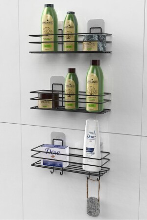 مجموعة من 3 ملصق 4 مضربات رف الحمام المقاوم للصدأ حمام أسود شامبو الحمام حامل حمام غرفه حمام غرفه حمام - Karteya