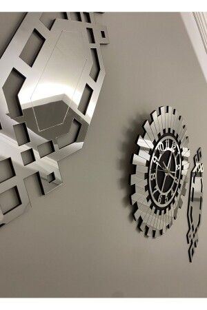 ساعة جدارية مزخرفة من 3 40 سم فضية ساعة جدارية تركية حديثة 18 × 51 سم لوحة Baklava - Tuba Design