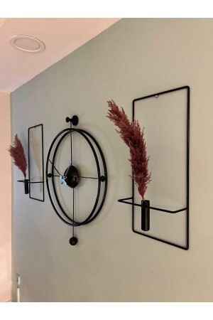 مجموعة من 3 أجزاء من ورساش الأسود ساعة الحائط المعدنية 50*75, ساعة الحائط المعدنية الزخرفية الحديثة VersaceSiyah007 - MetaQuartz Aksesuar