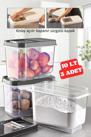 3 Adet 10 Lt Kolay Kayar Kapaklı Multibox Erzak Bakliyat Vs. Saklama Kabı Antrasit TYC00705440835 - 1