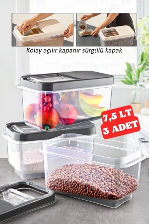 3 Adet 7,5 Lt Kolay Kayar Kapaklı Multibox Erzak Bakliyat Vs. Saklama Kabı Antrasit NDY-MULTİ-01 - 2