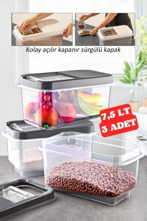 3 Adet 7,5 Lt Kolay Kayar Kapaklı Multibox Erzak Bakliyat Vs. Saklama Kabı Antrasit NDY-MULTİ-01 - 4