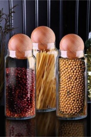 مجموعة من 3 صناديق زجاجية مع قوارب خشبية عالية وذبات خفيفة ومواد توابل حاوية تخزين AS51 - ASİL HOME ELEGANCE