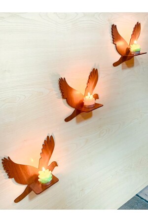 مجموعة من 3 أشكال الطيور ذات لون الجوز الديكورية الاحتفاظ بالشمعة الخشبية - Dekor Treni