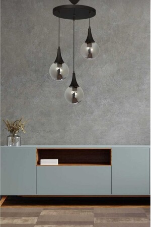 مـنـز-داملا 3-قطعة مصباح معلق مدخن الزجاج الدائر- الأسود الحديث- المطبخ- غرفة المعيشة شمعة DM1 - VEDA AVİZE