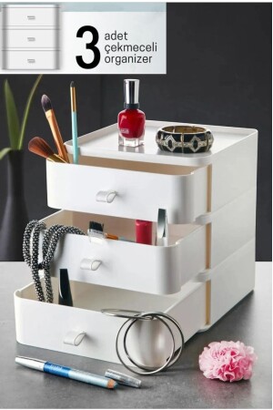 3 Ebenen Schublade Desktop Organizer Make-up Schmuck Zubehör Organizer Aufbewahrungsbox weiß - 1