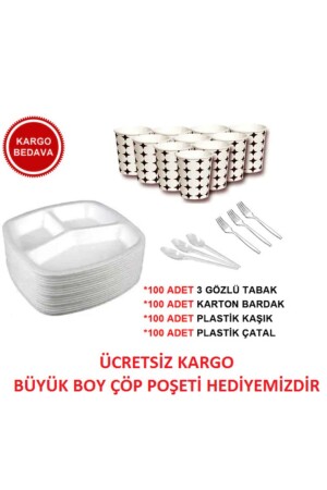 3 Gözlü Köpük Tabak Kaşık Çatal Karton Bardak Eko Düğün Mevlüt Set 100 Adet 00263 - 2