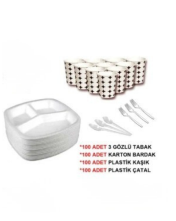 3 Gözlü Köpük Tabak Kaşık Çatal Karton Bardak Eko Düğün Mevlüt Set 100 Adet 00263 - ERSİN AMBALAJ