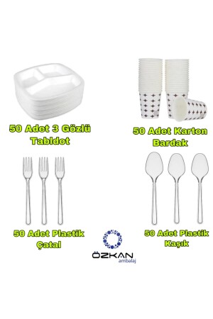 3 Gözlü Köpük Tabak - Plastik Çatal-kaşık - Karton Bardak Eko Set(50li Set) - 2