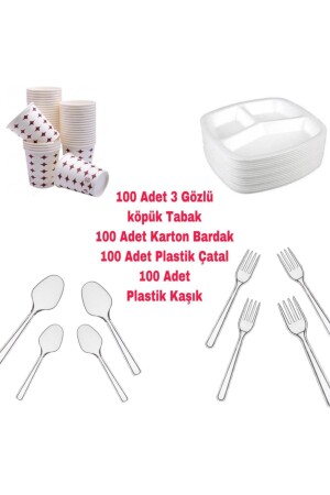 3 Gözlü Köpük Tabak - Plastik Çatal,kaşık - Karton Bardak Eko Set 000001 - 3