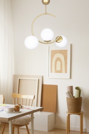 منز جوليا تصميم خاص النموذج الهلال الذهبي القديم اللون الزجاج الأبيض غرفة المعيشة - المطبخ - غرفة النوم 3 قطع شمعة JLİ25 - Fer Avize