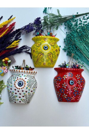 مـنز - سيراميك طلاء نمطية الزهور وعاء الباب الجدار حديقة الشرفة أزياء الزينة مجموعة 3 - Kardeşler Boncuk Hediyelik Eşya